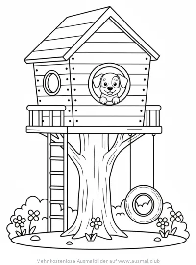 Baumhaus mit Hund im Fenster Ausmalbild