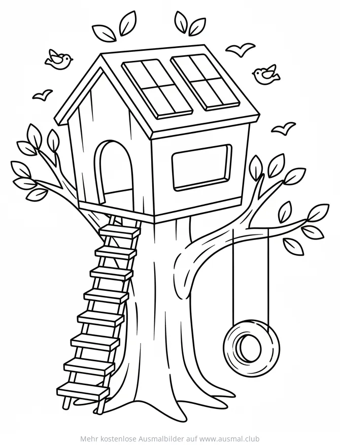 Baumhaus mit Solarpanelen und Reifenschaukel Ausmalbild