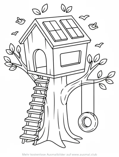 Baumhaus mit Solarpanelen und Reifenschaukel Ausmalbild