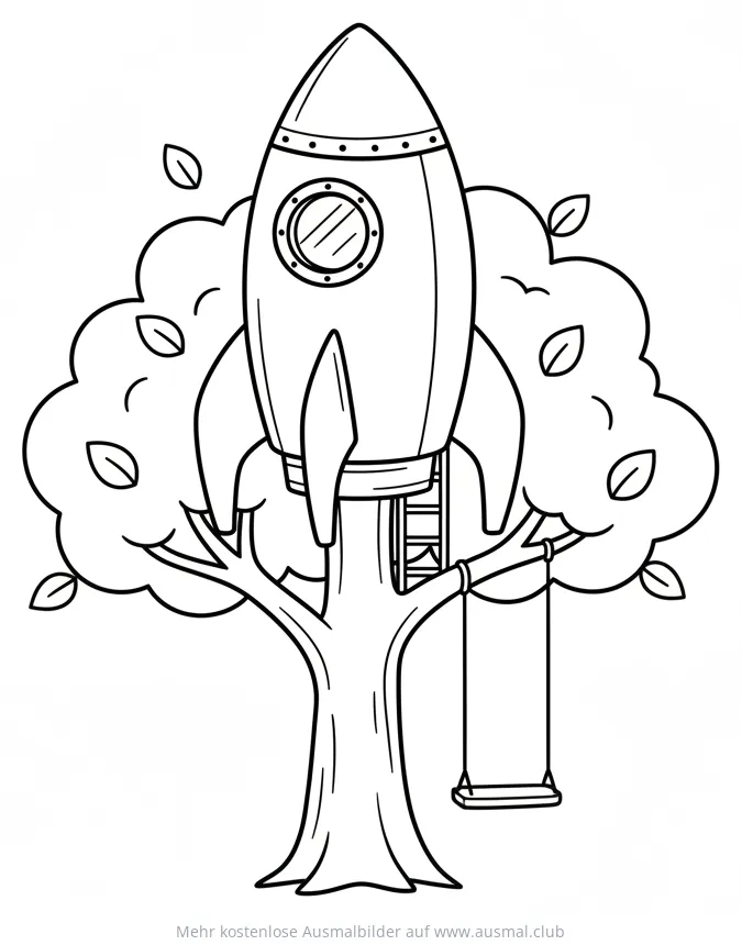 Rakete als Baumhaus Ausmalbild mit Schaukel