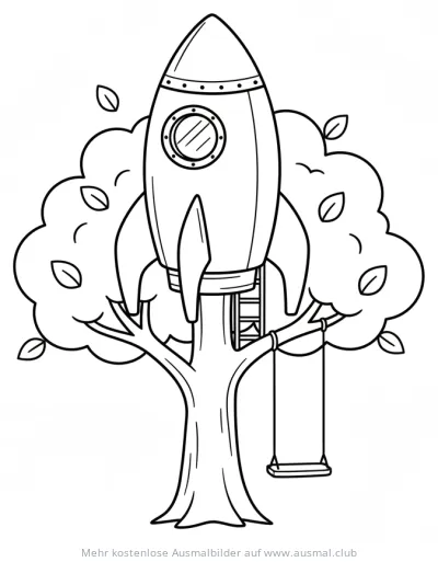 Rakete als Baumhaus Ausmalbild mit Schaukel
