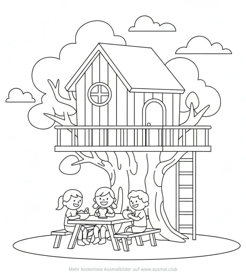 Baumhaus mit Picknick und Kindern Ausmalbild