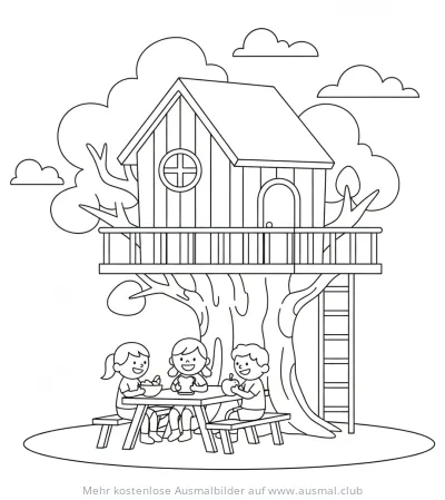 Baumhaus mit Picknick und Kindern Ausmalbild