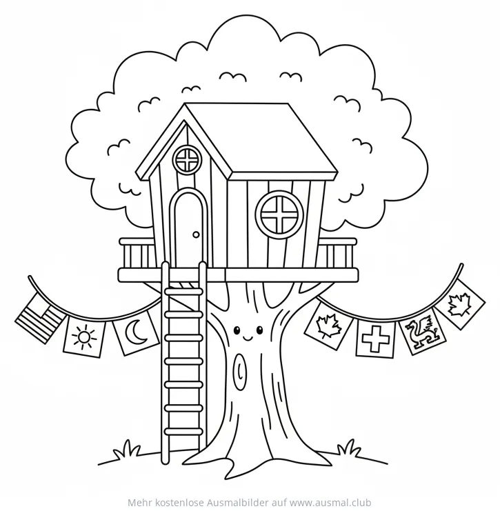 Baumhaus mit Leiter und Girlande aus verschiedenen Flaggen Ausmalbild