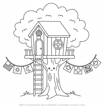 Baumhaus mit Leiter und Girlande aus verschiedenen Flaggen Ausmalbild