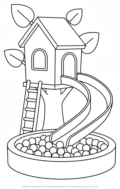 Baumhaus mit Rutsche und Bällebad Ausmalbild