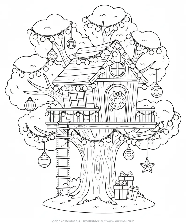 Weihnachtliches Baumhaus Ausmalbild mit Geschenken