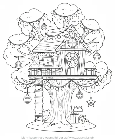 Weihnachtliches Baumhaus Ausmalbild mit Geschenken
