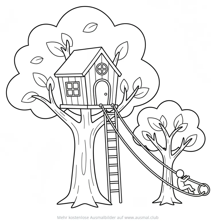 Baumhaus mit Leiter und Kind an Seilrutsche Ausmalbild