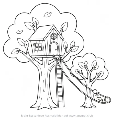 Baumhaus mit Leiter und Kind an Seilrutsche Ausmalbild