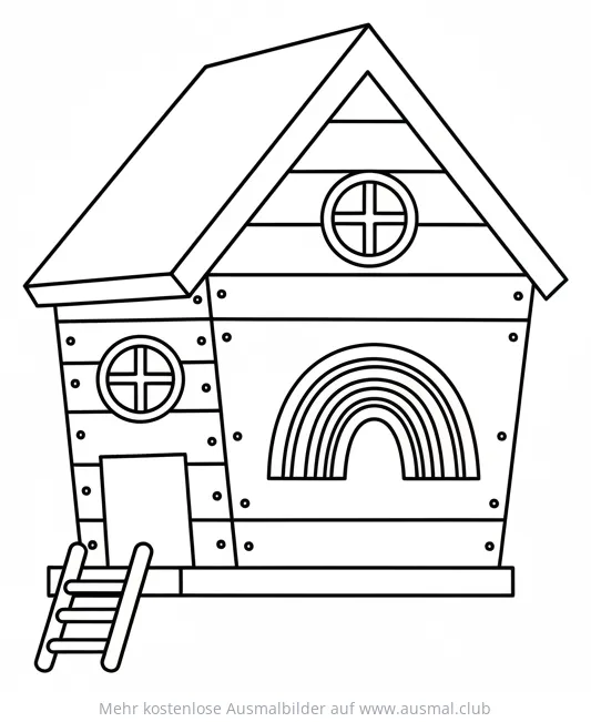 Baumhaus mit Regenbogen Fenster Ausmalbild