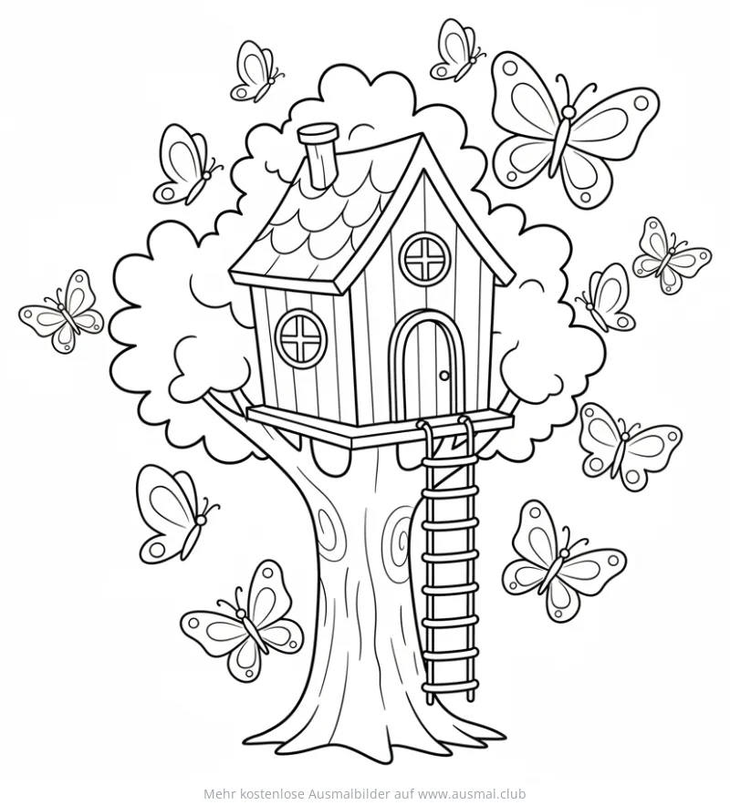 Baumhaus mit Leiter und vielen Schmetterlingen Ausmalbild