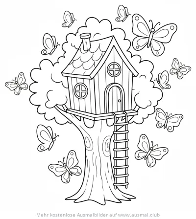 Baumhaus mit Leiter und vielen Schmetterlingen Ausmalbild