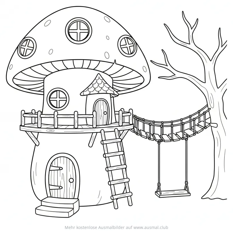 Pilzförmiges Baumhaus mit Leiter, Hängebrücke und Schaukel Ausmalbild
