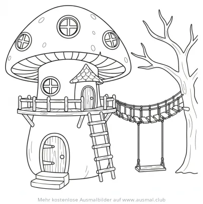 Pilzförmiges Baumhaus mit Leiter, Hängebrücke und Schaukel Ausmalbild