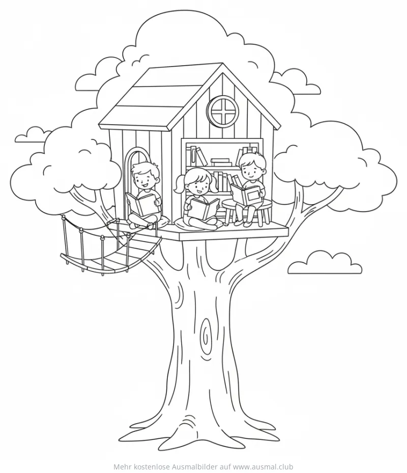 Baumhaus Bibliothek Ausmalbild mit Kindern