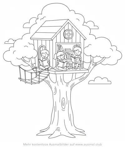 Baumhaus Bibliothek Ausmalbild mit Kindern