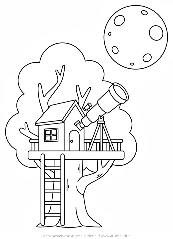 Baumhaus mit Teleskop und Mond Ausmalbild