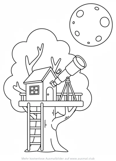 Baumhaus mit Teleskop und Mond Ausmalbild