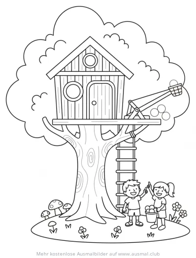 Baumhaus mit Wasserbomben Ausmalbild mit zwei Kindern