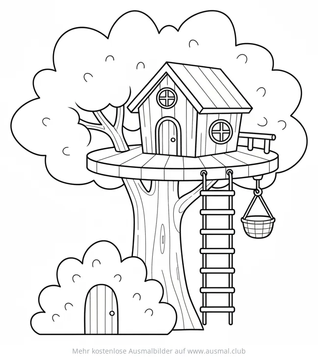 Baumhaus mit Leiter und geheimer Tür im Gebüsch Ausmalbild