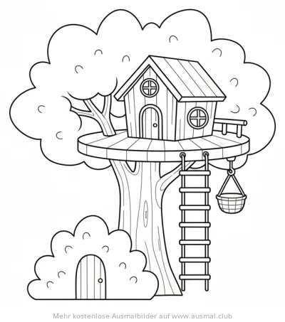 Baumhaus mit Leiter und geheimer Tür im Gebüsch Ausmalbild