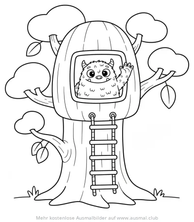 Monster im Baumhaus Ausmalbild