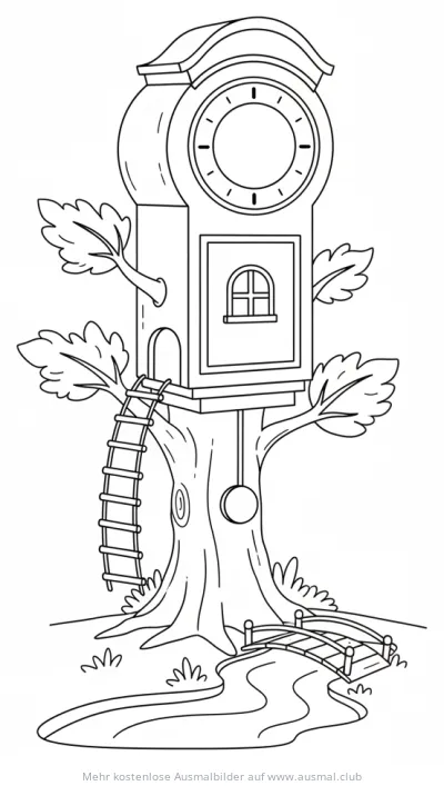 Baumhaus in Standuhr Optik Ausmalbild mit Leiter und Brücke