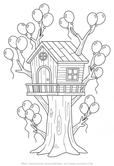 Baumhaus mit vielen Ballons Ausmalbild
