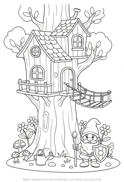 Baumhaus mit Hängebrücke und Gartenzwerg Ausmalbild