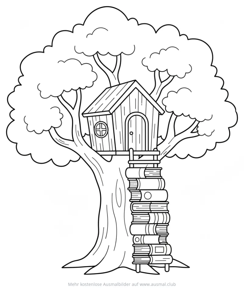 Baumhaus mit Bücherleiter Ausmalbild