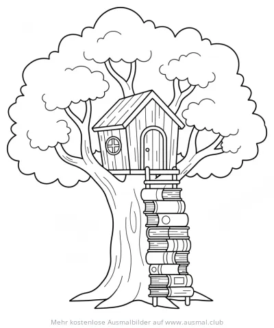 Baumhaus mit Bücherleiter Ausmalbild