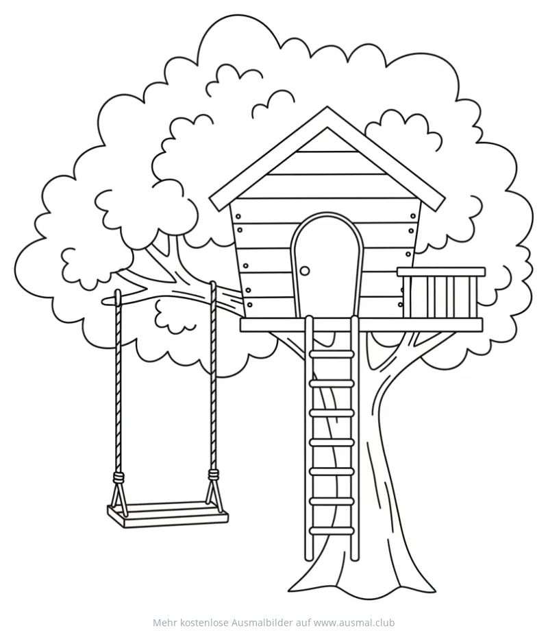 Baumhaus mit Leiter und Seilschaukel Ausmalbild