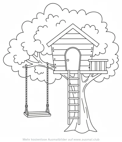 Baumhaus mit Leiter und Seilschaukel Ausmalbild