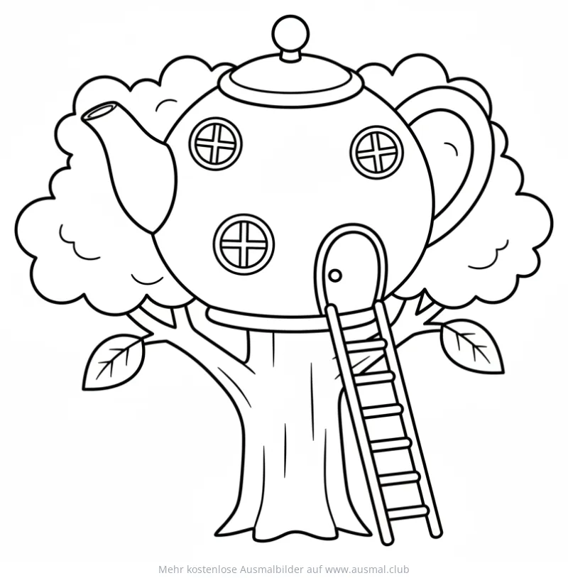 Teekanne Baumhaus mit Leiter Ausmalbild