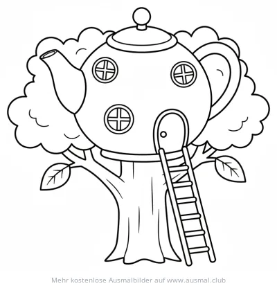 Teekanne Baumhaus mit Leiter Ausmalbild