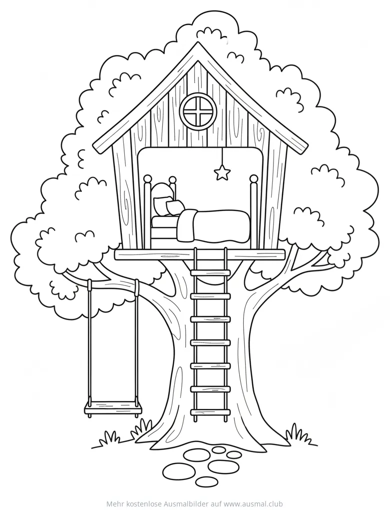 Baumhaus mit Bett, Leiter und Schaukel Ausmalbild
