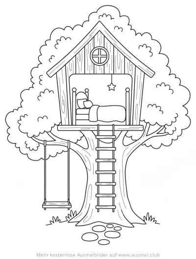 Baumhaus mit Bett, Leiter und Schaukel Ausmalbild