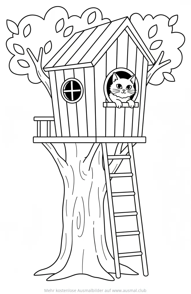 Katze im Baumhaus Ausmalbild