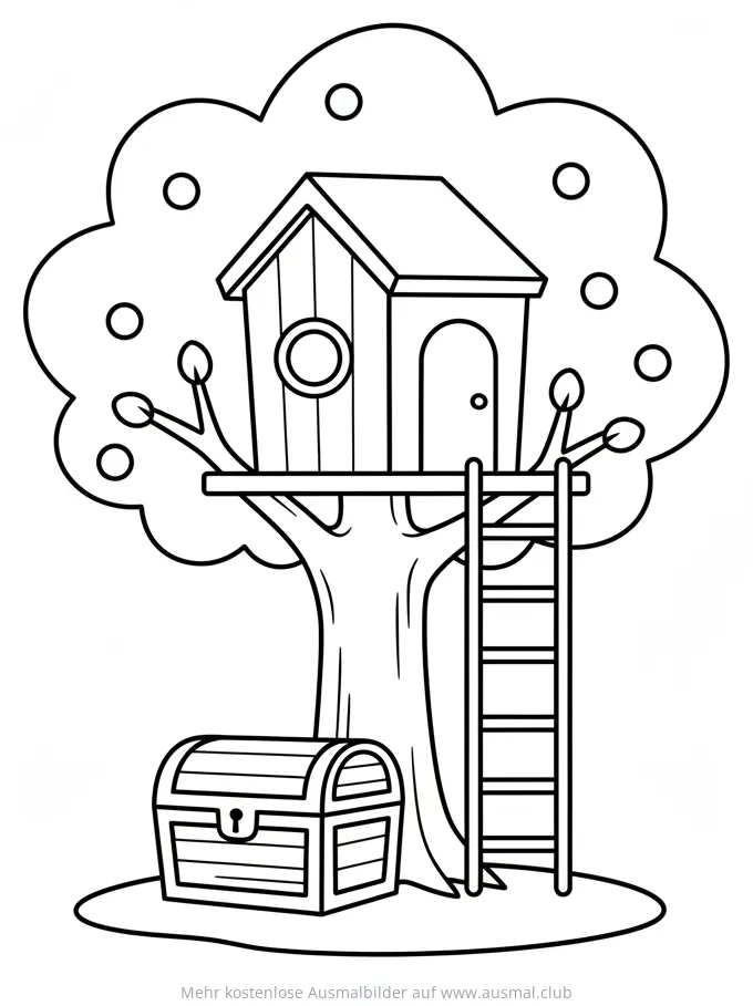 Baumhaus mit Leiter und Schatzkiste Ausmalbild