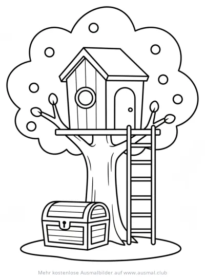 Baumhaus mit Leiter und Schatzkiste Ausmalbild