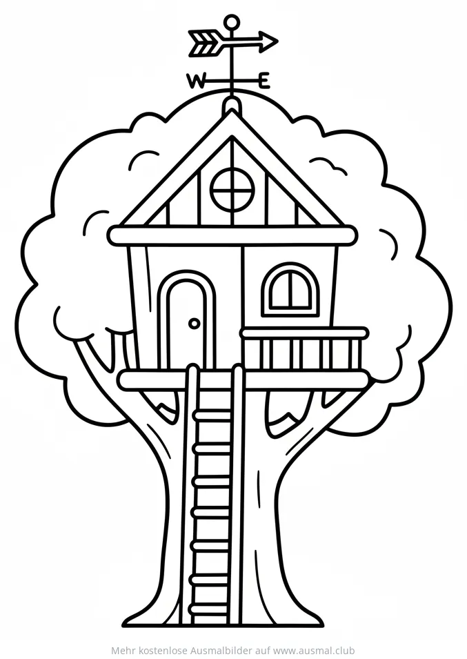 Baumhaus mit Leiter und Wetterfahne Ausmalbild