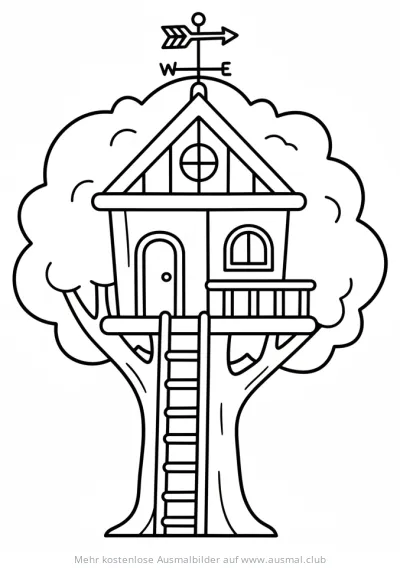 Baumhaus mit Leiter und Wetterfahne Ausmalbild