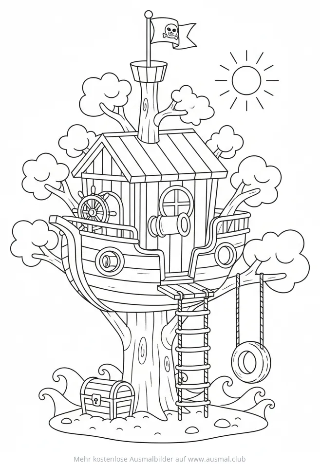 Piratenschiff Baumhaus Ausmalbild mit Schatzkiste
