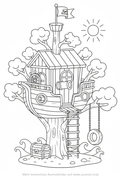 Piratenschiff Baumhaus Ausmalbild mit Schatzkiste