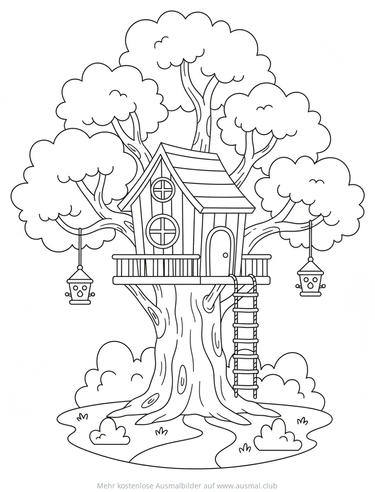 Baumhaus mit Vogelfutterhäuschen Ausmalbild