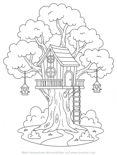 Baumhaus mit Vogelfutterhäuschen Ausmalbild