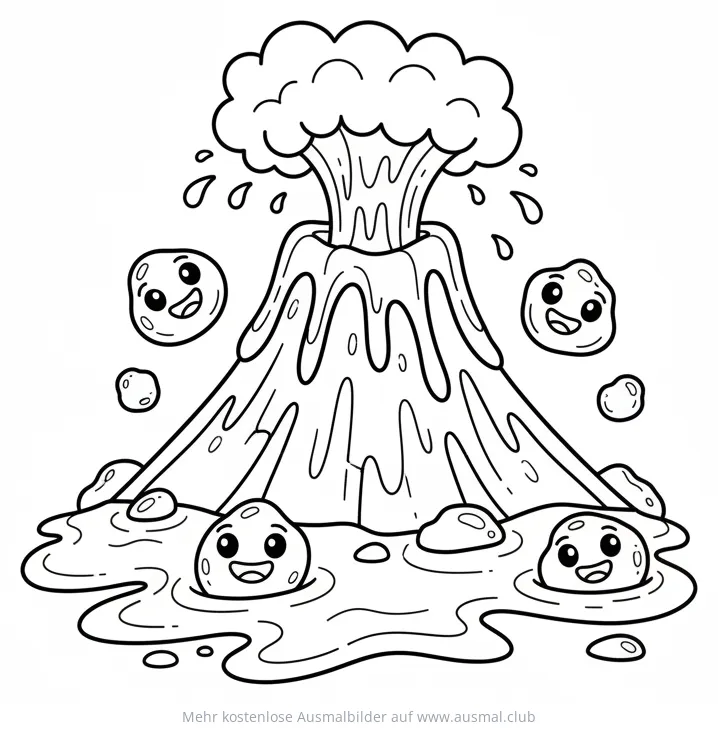 Vulkan Ausmalbild mit Lava und freundlichen Lavasteinen