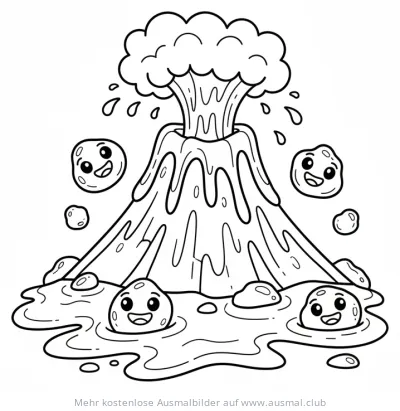 Vulkan Ausmalbild mit Lava und freundlichen Lavasteinen