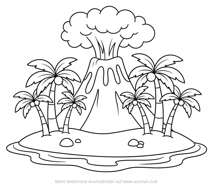 Vulkaninsel Ausmalbild mit Palmen und aktivem Vulkan